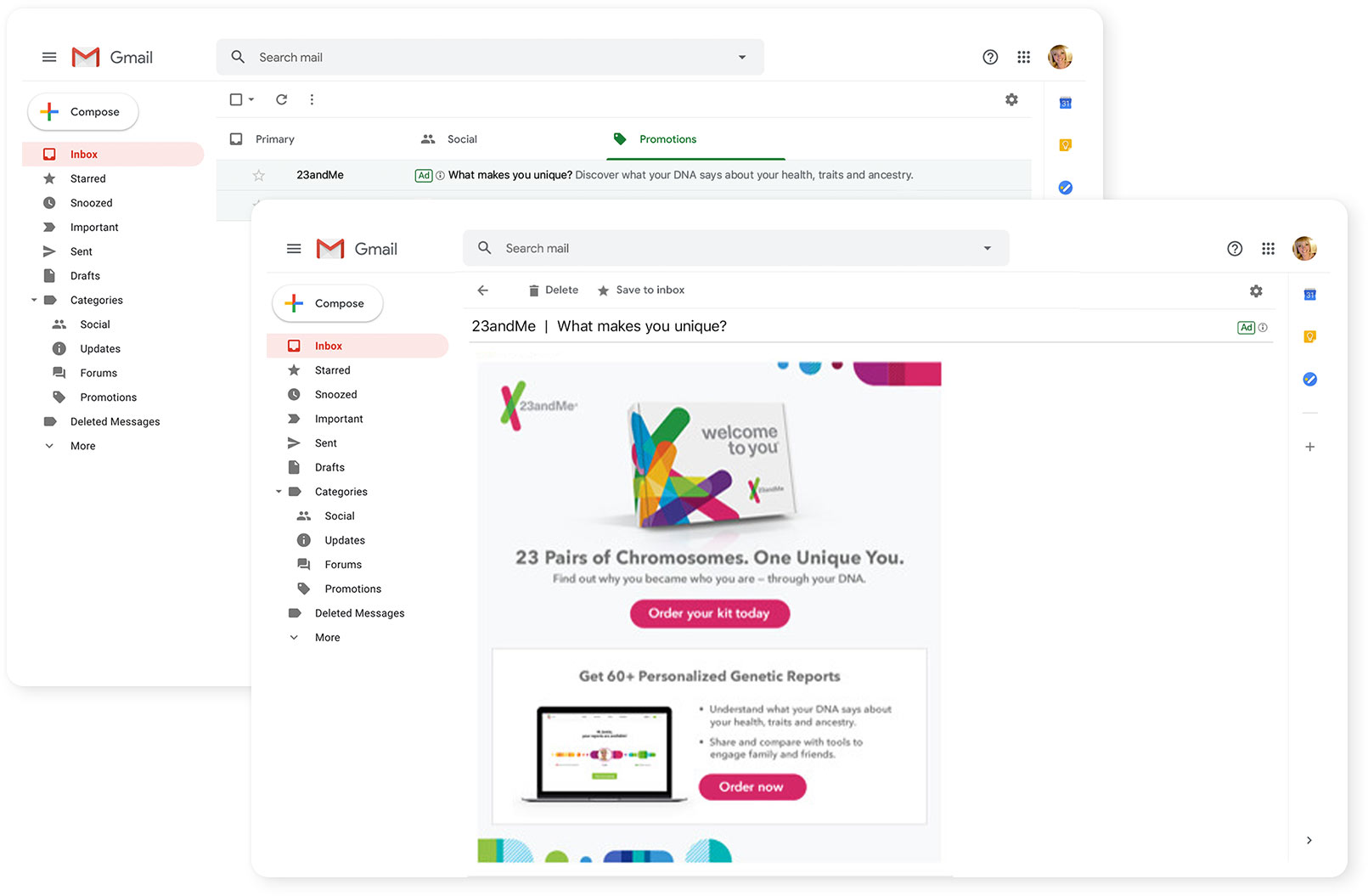 23andMe "60 Reports" Gmail Expandable Ad
