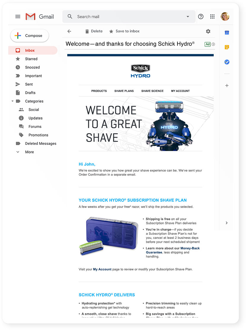 Schick Hydro Welcome Email Template