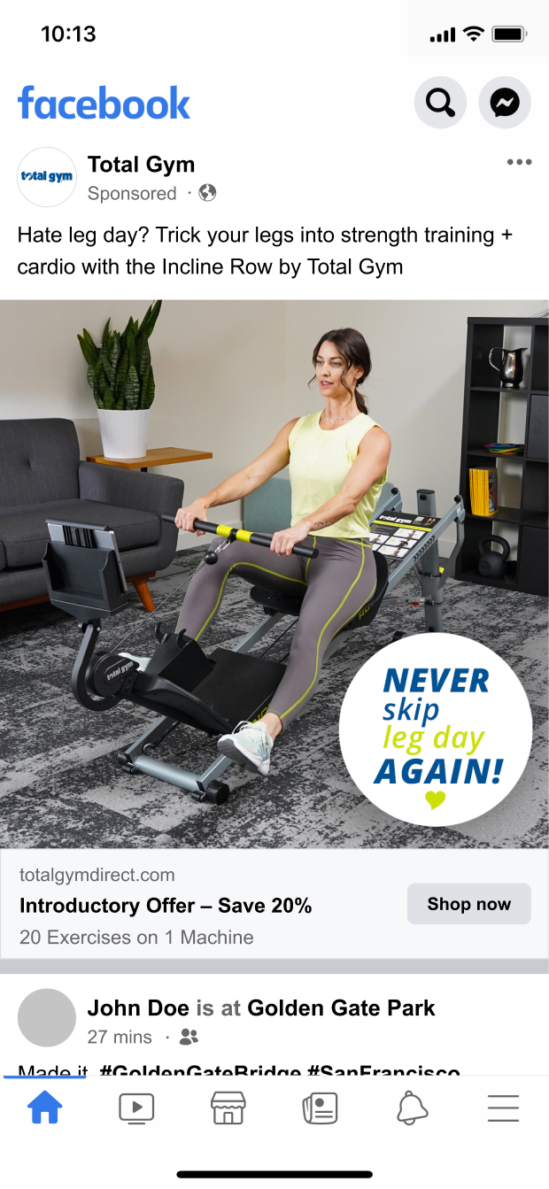 Facebook paid social ad for the Incline Row by Total Gym with introductory offer