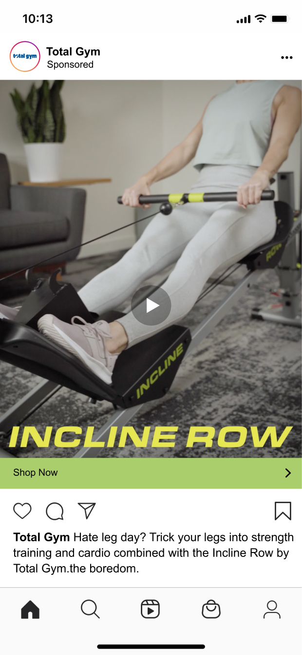 Instagram paid social video ad for the Incline Row by Total Gym