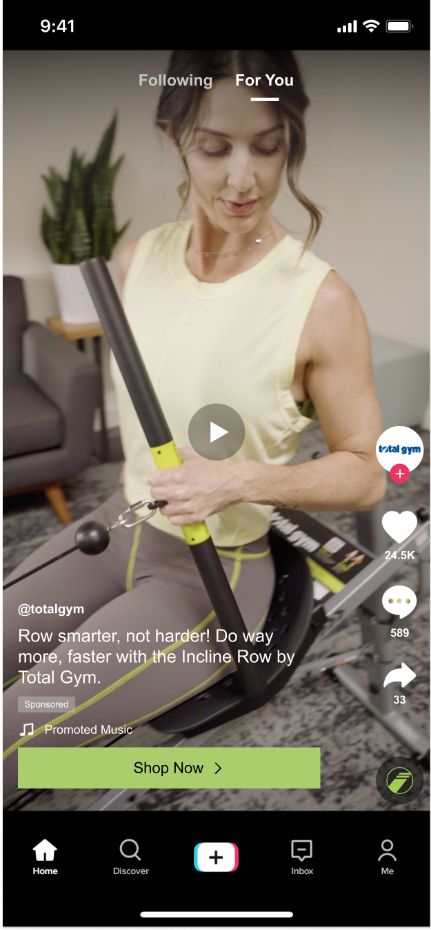 TikTok paid social video ad for the Incline Row by Total Gym